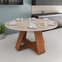 Ver imagem 1 de Mesa de Jantar Redonda 110cm com Tampo de Vidro Off White Base em Mdf Amadeirado Design Moderno e Es