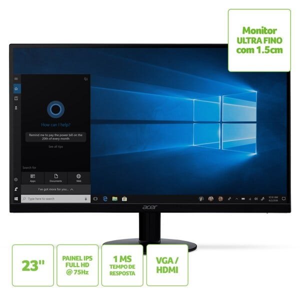 Monitor Acer 23" Sa230 Ultra-Fino, Full Hd, 75Hz Hdmi Vga - 1