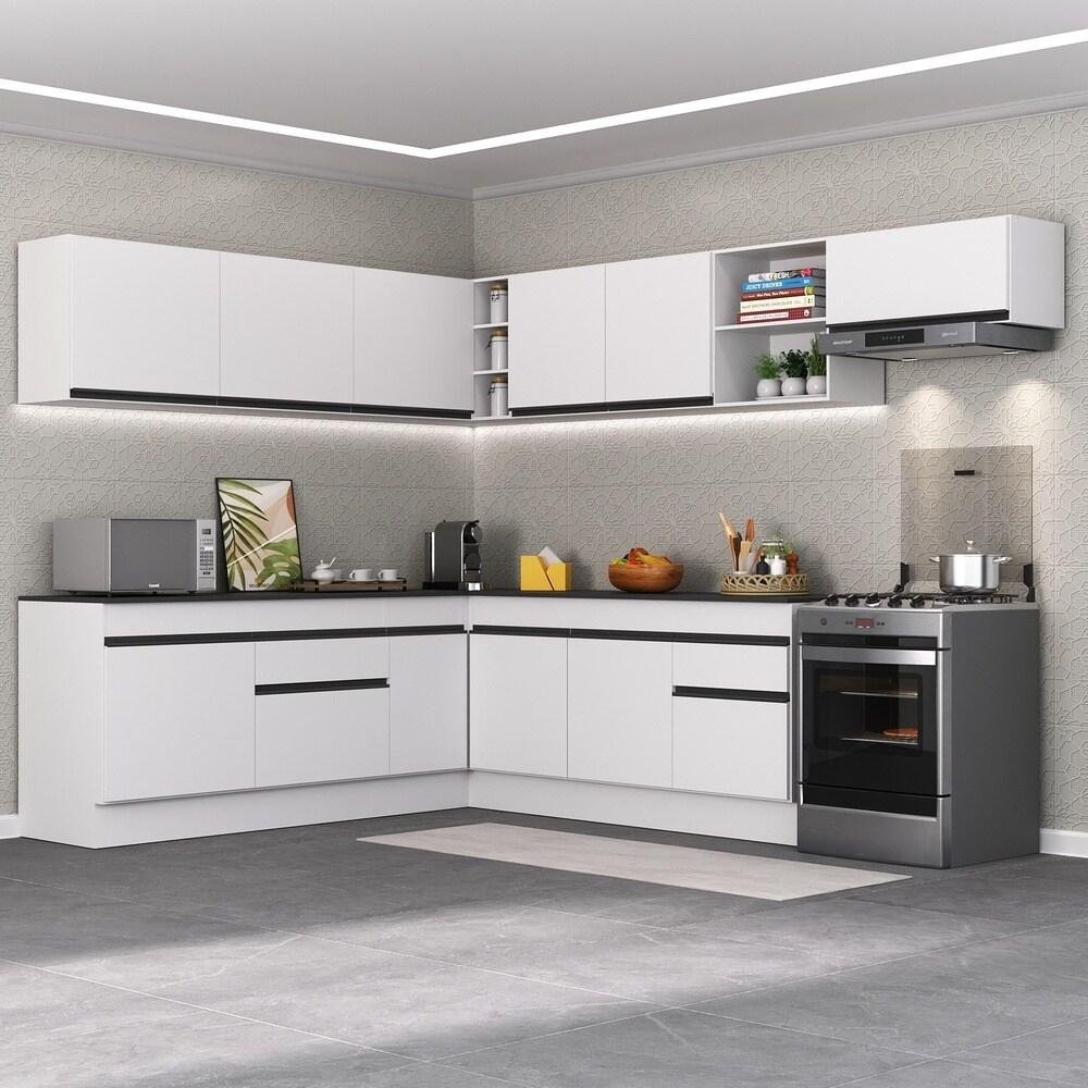 Armário de Cozinha Completa de Canto com Rodapé Veneza Multimóveis MP2103.964 Branco/Preto