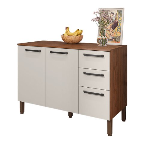 Balcão Gabinete para Cozinha 2 Portas e 3 Gavetas Tati Castanho/off White - Pallazio