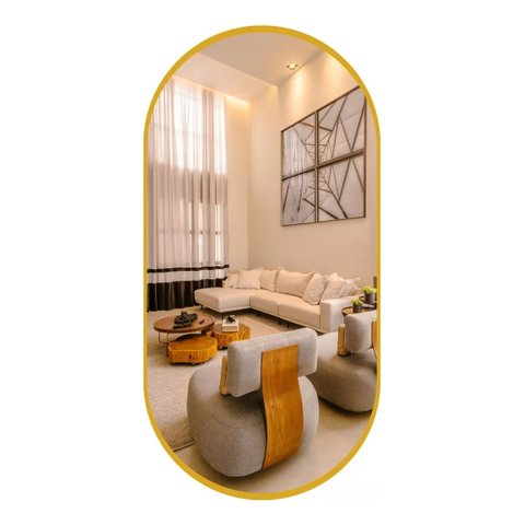 Espelho Oval 80x40cm com Moldura Alumínio Dourado