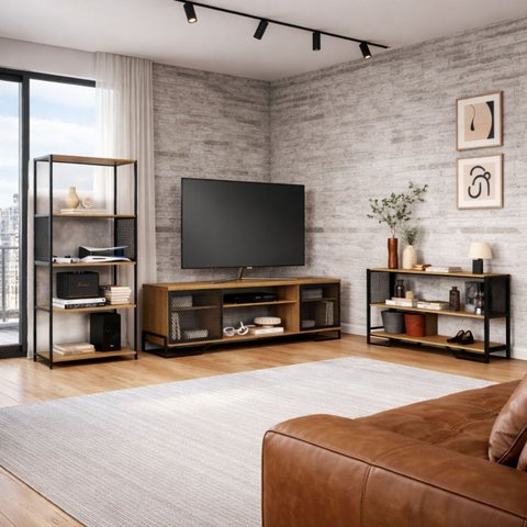 Conjunto para Sala Estilo Industrial: 1 Rack, 1 Estante, 1 Aparador