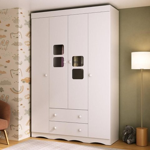 Guarda-roupa Infantil 122cm com Vidro 4 Portas e 2 Gavetas Serena Multimóveis Mp4432 Branco