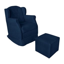 Poltrona Amamentação com Balanço e Puff Luxo Suede Manuela:Azul Marinho - 1
