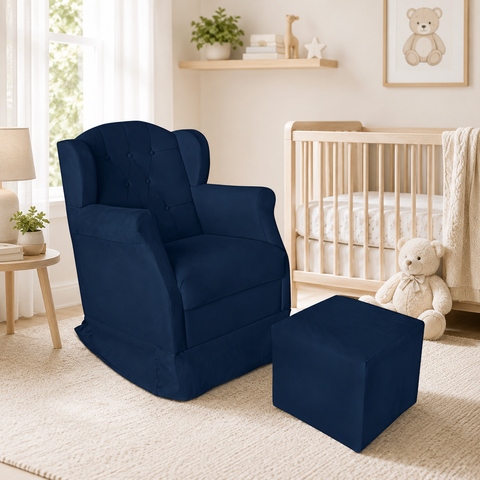 Poltrona Amamentação com Balanço e Puff Luxo Suede Manuela:Azul Marinho