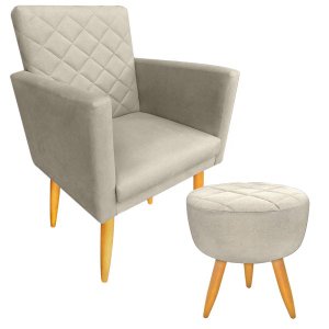 Poltrona Decorativa com Puff Maitê Matelassê Estilo Nina Linho Palha