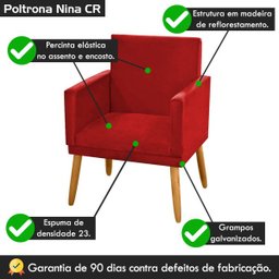 Poltrona Nina Tecido Vermelho com Rodapu00e9 e Pu00e9s Madeira Palito Retru00f4 Sala Escritu00f3rio - 5