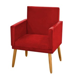 Poltrona Nina Tecido Vermelho com Rodapu00e9 e Pu00e9s Madeira Palito Retru00f4 Sala Escritu00f3rio