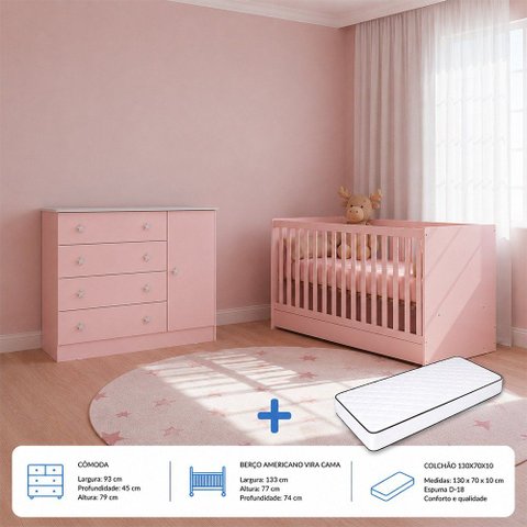 Kit Quarto de Bebê Doce Sonho com Berço Mini Cama Cômoda Sapateira e Colchão D18 130x70 Movellu