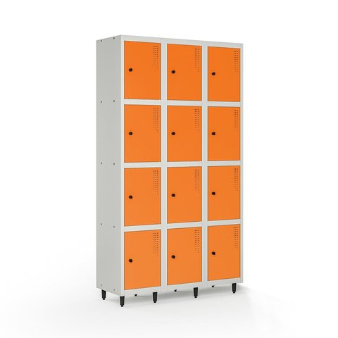 Armário Roupeiro Locker Guarda-Volume de Aço 12 Portas Pequenas com Fecho para Cadeado Vestiário Academia Laranja/Cinza