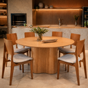 Ver imagem 1 de Conjunto Mesa de Jantar Redonda 6 Cadeiras Madeira Sala Moderno Rustico Noronha Linho Bege