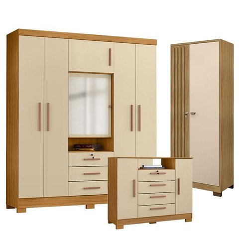 Guarda Roupa Casal Imperial com Cômoda Madri e Armário Multiuso Versatile Carvalho Americano Off Whi