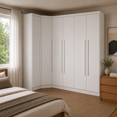 Guarda Roupa de Canto Modulado Safira 6 Portas de Bater 6 Gavetas MDF Neve 2453cm