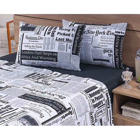 Jogo Lençol 4 Peças Cama Viúva 1,88mx1,28mx25cm 100% Algodão 180 Fios Jornal Preto