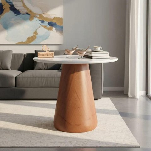 Mesa de Canto Cone Redondo Vidro Madeira 50cm Amadeirado Decoraper