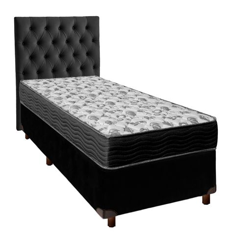 Cama + Box Preto e Colchão Ortobom D33 Solteiro - Iso100 + Cabeceira