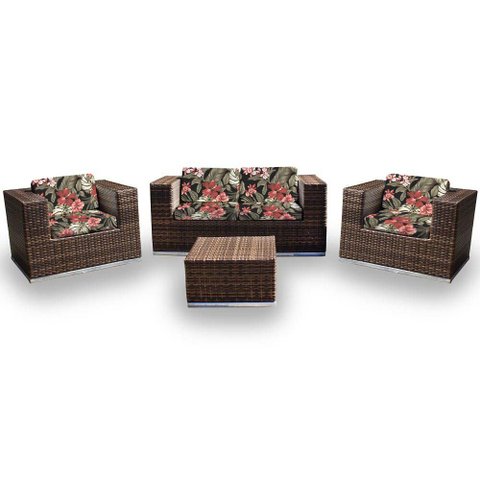 Conjunto de Sofá Fibra Sintética Quadrado - 1 Sofá 2L + 2 Poltronas + 1 Mesa Centro - Tecido Maui Pr