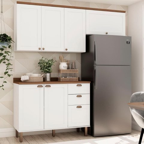 Armário de Cozinha Iluminata Flora 7 Portas 4 Gavetas MDF Branco Ébano