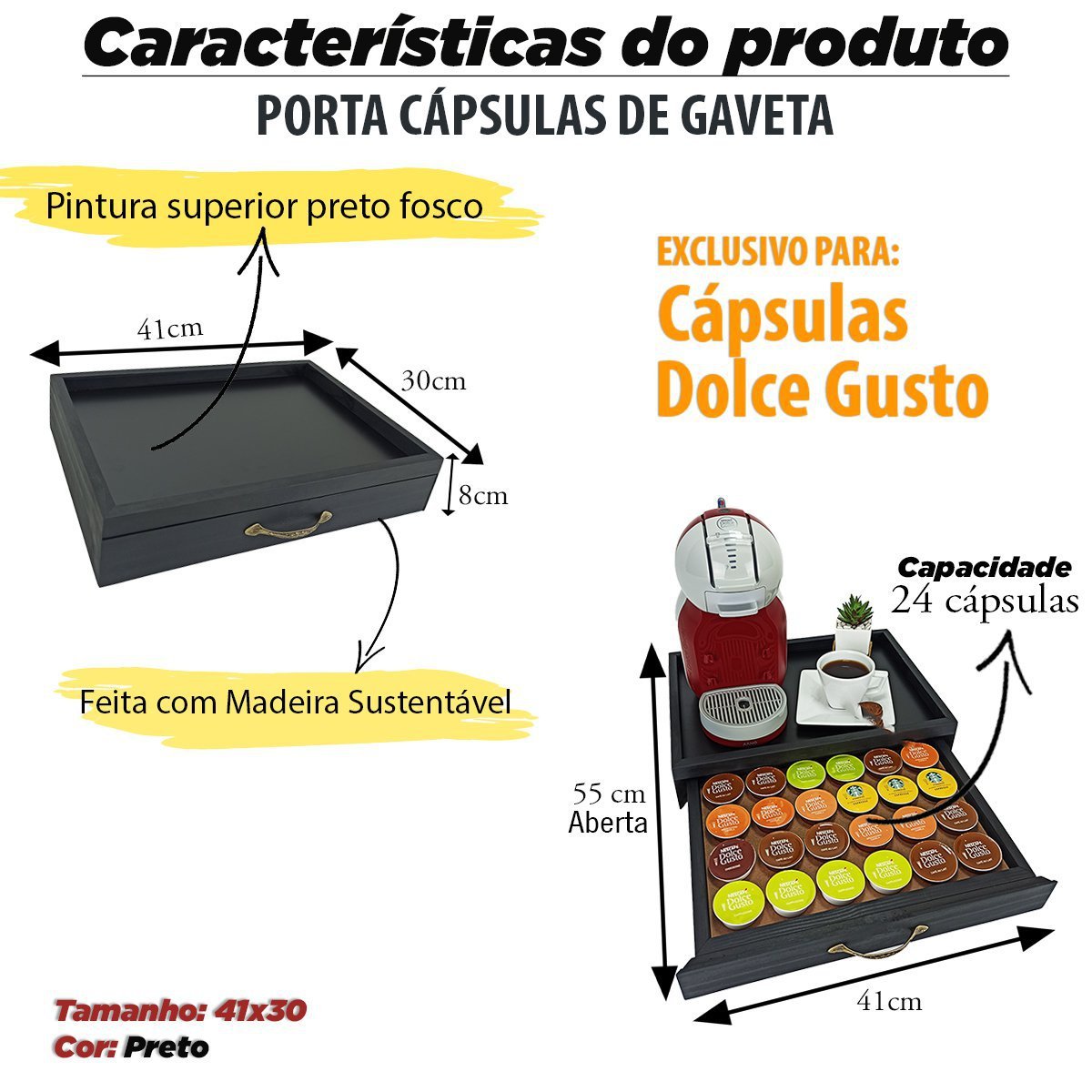 Porta Cápsulas Gaveta 41x30 Dolce Gusto - Preto 24 Cápusulas - 4