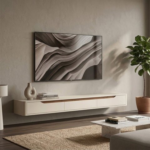 Rack Suspenso Slim Curvo 180cm para Tv até 65” Moderno Luxo Mdp/mdf com Portas Basculantes Off White