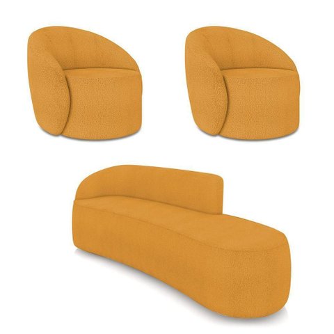 Sofá 4 Lugares Orgânico 220cm Morgan e 2 Poltronas Lua Bouclê Mostarda D03 - D'Rossi