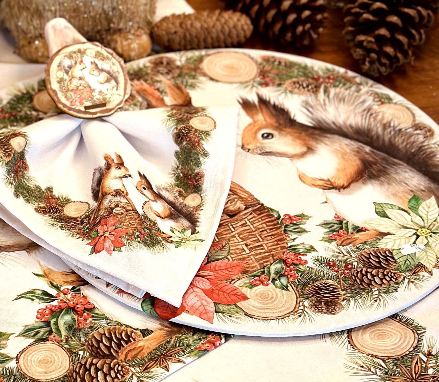 Kit Sousplat + Guardanapo Natal Esquilo II NSW 6 Peças com base