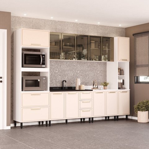 Cozinha sem Rodapé Torre Quente Paneleiro Aéreo de Vidro e Balcão Amara Bege/Creme/Branco