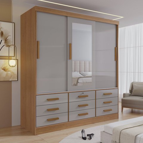 Guarda Roupa 3 Portas de Correr com Espelho 9 Gavetas Meridian Cinamomo com Off White