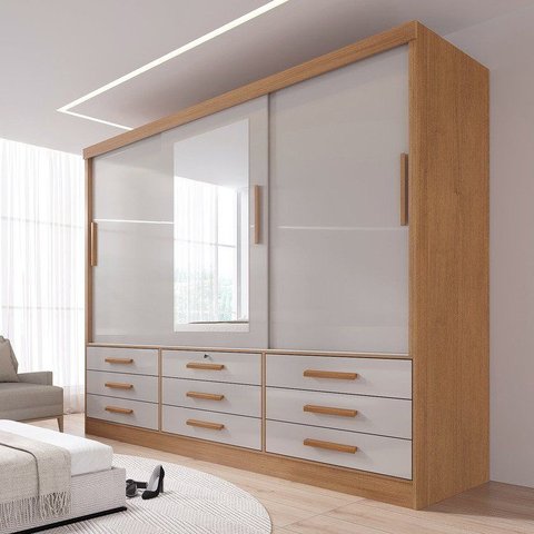 Guarda Roupa 3 Portas de Correr com Espelho 9 Gavetas Meridian Cinamomo com Off White