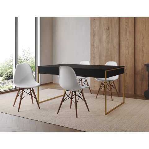 Conjunto Industrial Filadelfia 137x90 Ferro Dourado Tampo Preto 4 Cadeiras Branco