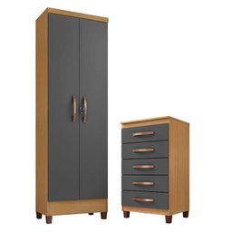 Cômoda Cannes 5 Gavetas e Armário Multiuso Egito Carvalho Americano Grafite – Incorplac - 1