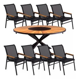 Jogo de Mesa Jantar 1,80m Zurick Madeira Pétalas 8 Poltronas Cactos Tela Sling e Alumínio - Preto - 1