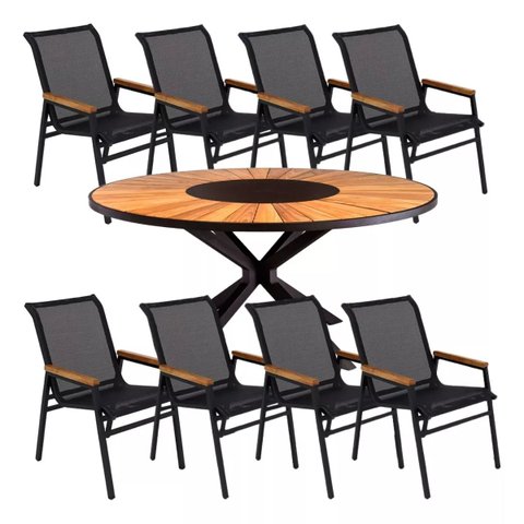 Jogo de Mesa Jantar 1,80m Zurick Madeira Pétalas 8 Poltronas Cactos Tela Sling e Alumínio - Preto
