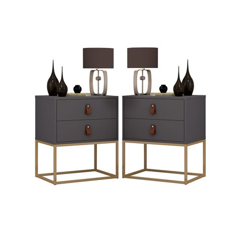 Kit 2 Mesa Lateral Cabeceira Criado Unic 45cm com Pés de Ferro Dourado Cor:cinza