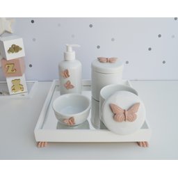 Kit Higiene Porcelana Bebê Banho Cuidado Quarto Meninas Maternidade K014 Borboleta - Rosê - 2