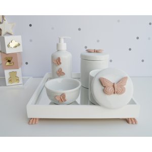 Kit Higiene Porcelana Bebê Banho Cuidado Quarto Meninas Maternidade K014 Borboleta - Rosê
