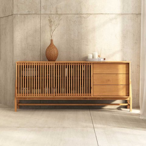 Balcão Buffet Madeira 170 Cm Ripado 3 Gavetas Sala de Jantar Freijó Adamo