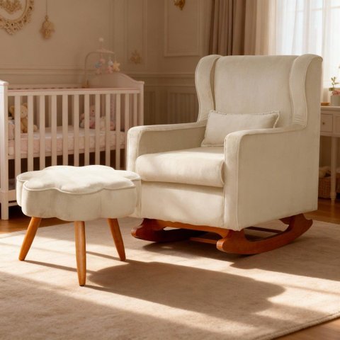 Poltrona de Amamentação Balanço com Puff Aurora Conforto Tecido Veludo, Estilo e Funcionalidade para