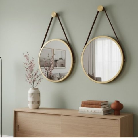Kit 2 Espelhos Redondo Adnet Decorativo Suspenso com Alça 40cm + Suporte Dourado com Alça Caramelo