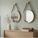 Ver imagem 1 de Kit 2 Espelhos Redondo Adnet Decorativo Suspenso com Alça 40cm + Suporte Dourado com Alça Caramelo