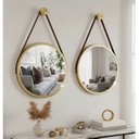 Ver mais imagens de Kit 2 Espelhos Redondo Adnet Decorativo Suspenso com Alça 40cm + Suporte Dourado com Alça Caramelo
