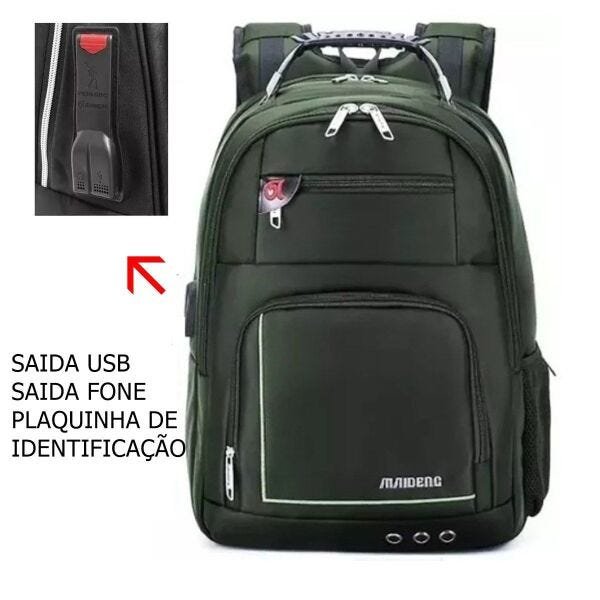 Mochila Notebook Preta Cabo de Aço USB Fone Impermeável - Verde escuro - 2