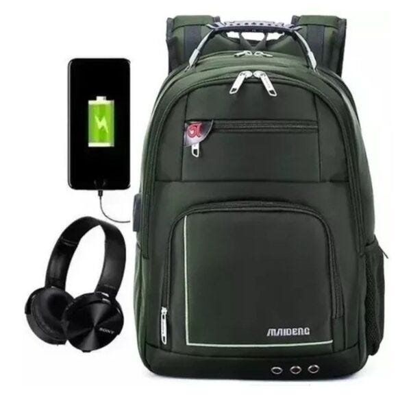 Mochila Notebook Preta Cabo de Aço USB Fone Impermeável - Verde escuro - 1