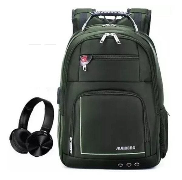 Mochila Impermeavel Saida Usb Saida Fone Resistente Escolar  Fone - Verde - 1