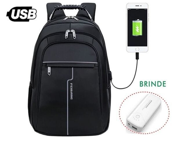 Mochila USB Notebook Cabo de Aço Executiva Preta Impermeável Com Power Bank - Preto - 1