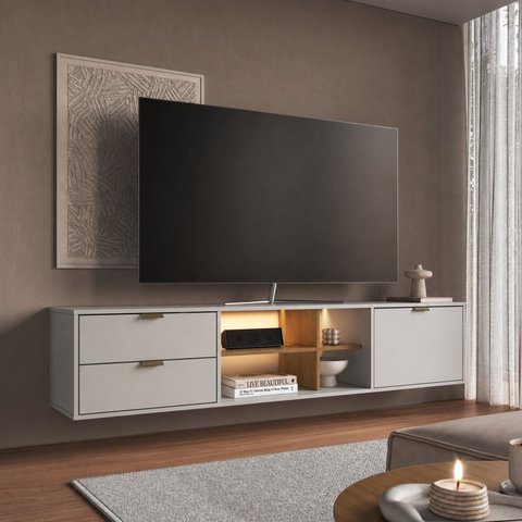 Rack para TV até 65 Polegadas Suspenso 180cm com LED e 2 Gavetas Mel Arenas Yescasa