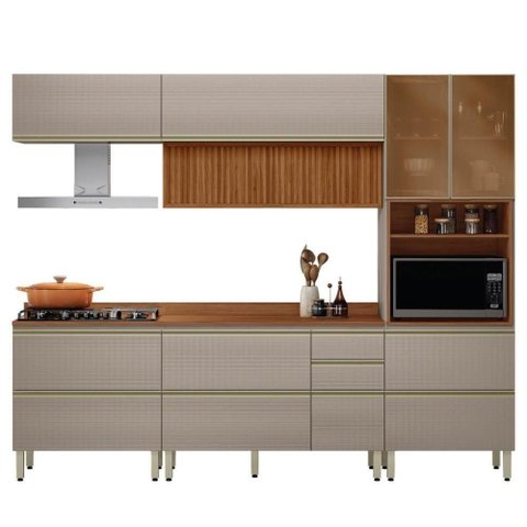 Cozinha Modulada Proença 5 Peças com Aéreo 120cm Ripado Nogueira Touch-nude Prime Tx - Demartêz