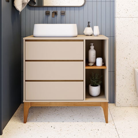Gabinete para Banheiro 2 Gavetas 2 Nichos sem Cuba MDF com Pés de Madeira Maciça Bento Yescasa Bege/Cappuccino/Amêndoa