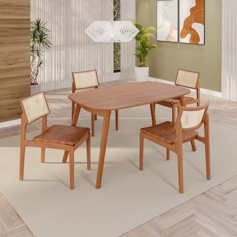 Sala de Jantar Mesa 135x76cm Tampo Laminado com 4 Cadeiras em Couríssimo Ceci Yescasa Marrom