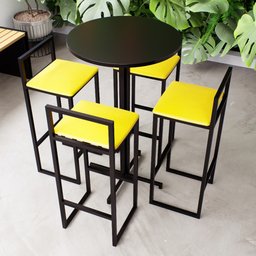 Conjunto Mesa Redonda Alta Preta 4 Cadeiras Pequena Estofado Industrial Black Don Castro Amarelo - 1